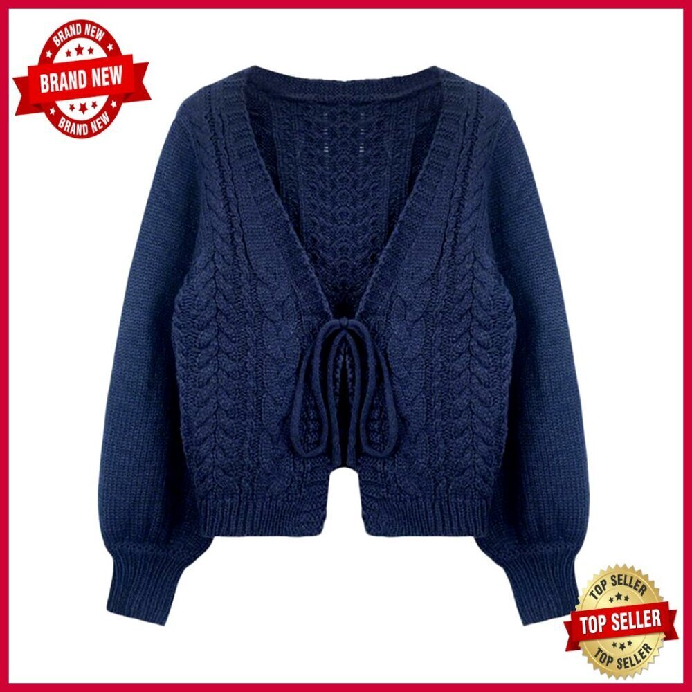 Tie Front Cropped Cardigan Cable Knit V-Neck Long Sleeve Sweater Women's